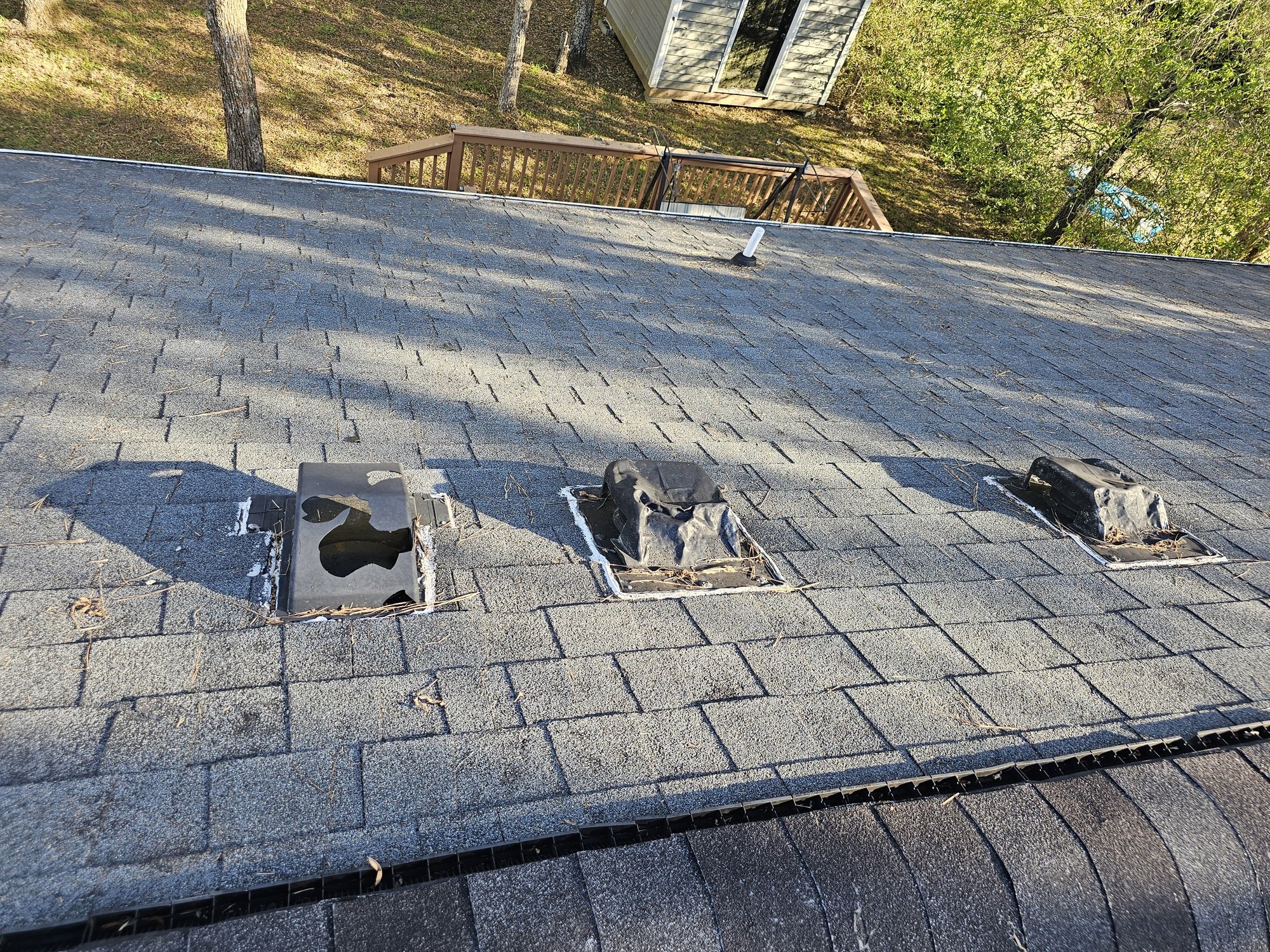 Roof storm damage with exposed decking documented during a D&S inspection