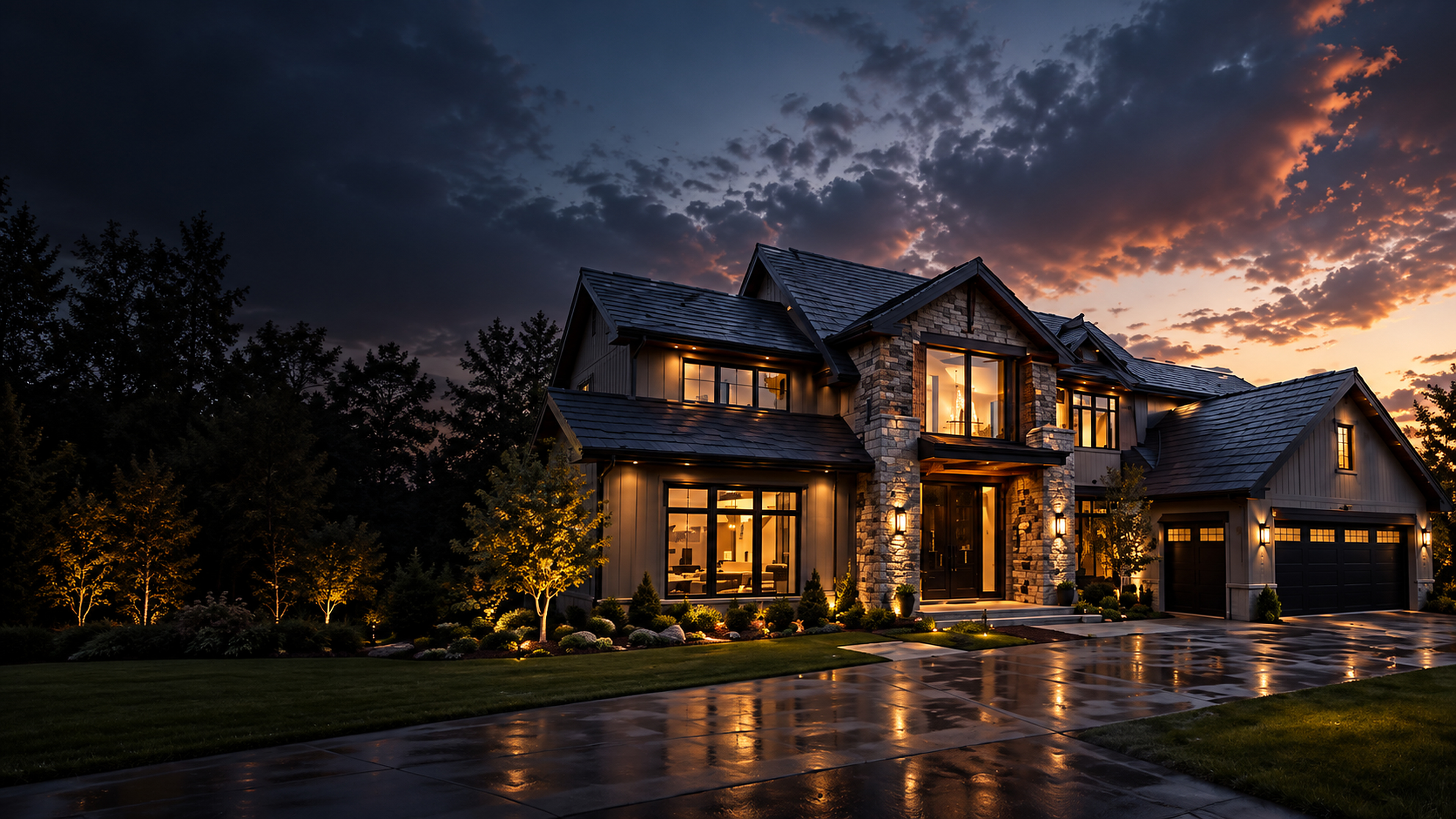 Rooflines and illuminated entrance of a home at dusk